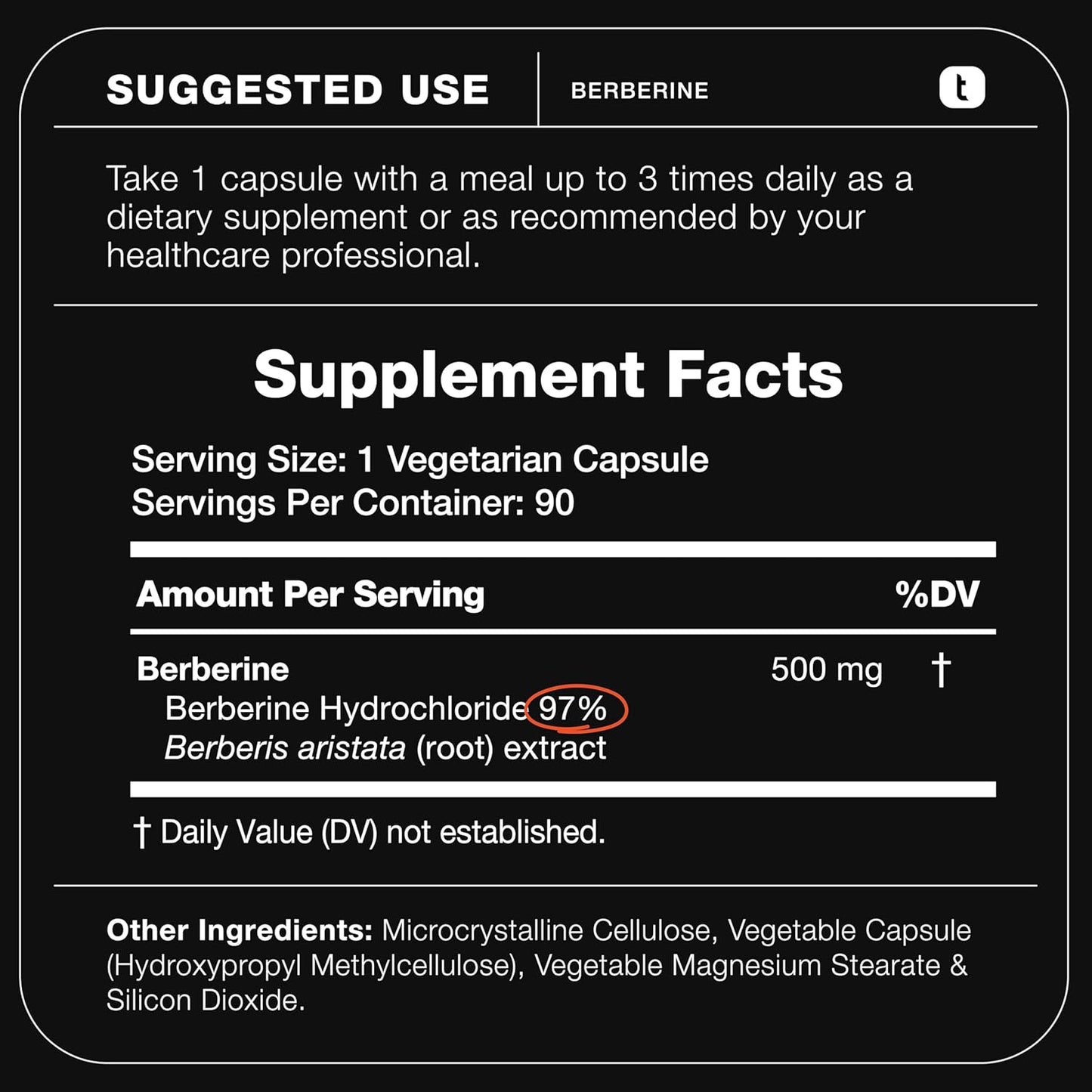 High Potency Berberine HCl 500mg Supplement from The Himalayas - 97% Purity Extract - Wild Harvested - Concentrated 500mg Capsules - 90 Veggie Caps