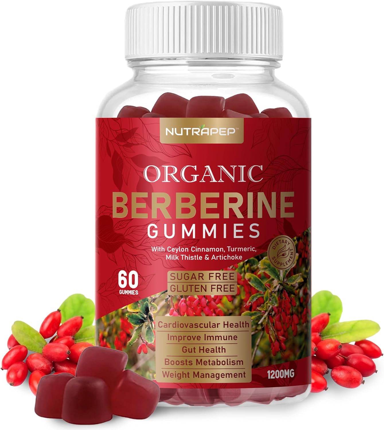 High Potency Berberine HCl Weight Loss Gummies with Ceylon Cinnamon, Turmeric, Milk Thistle, Artichoke - 1200mg - Sugar Free, Gluten Free Supplement