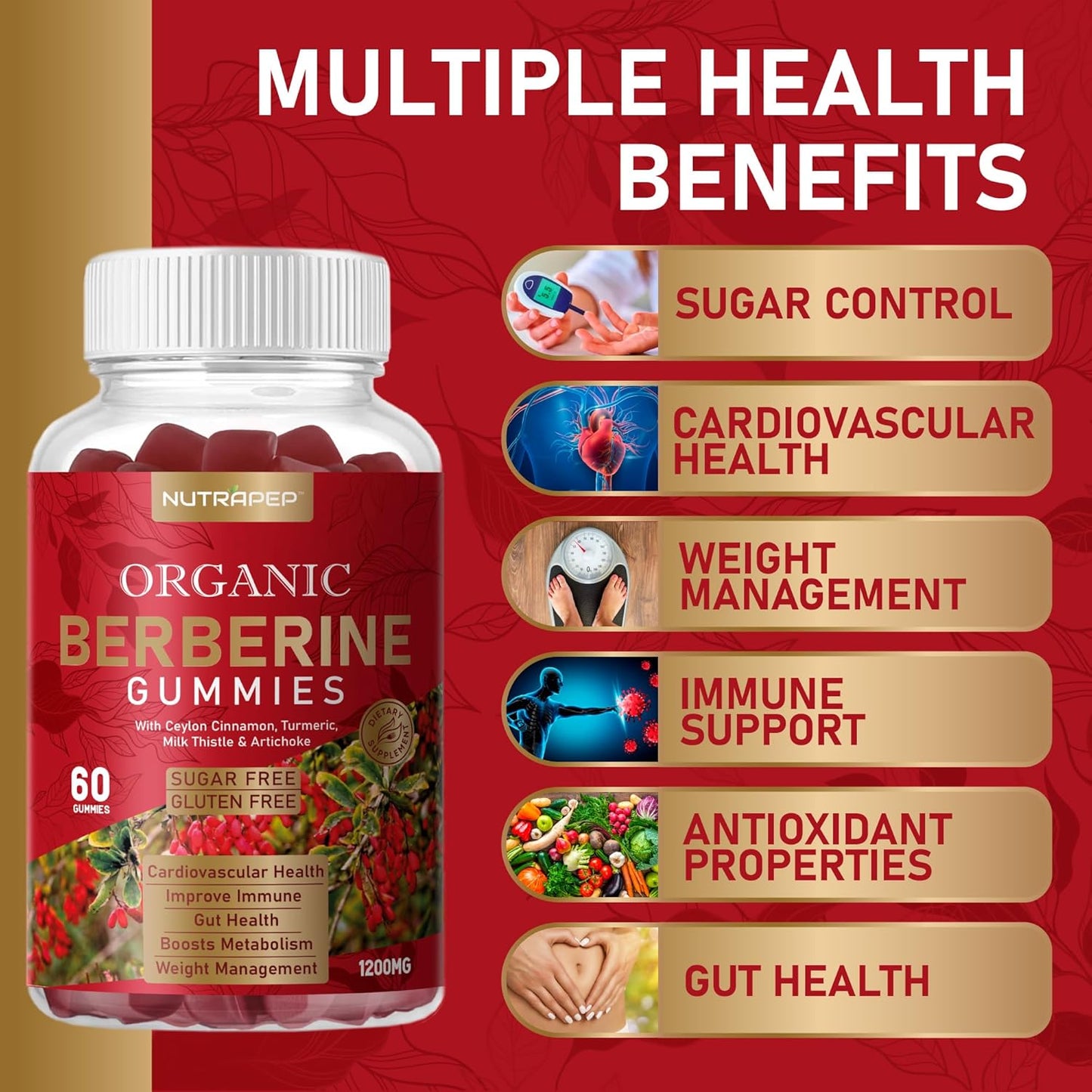 High Potency Berberine HCl Weight Loss Gummies with Ceylon Cinnamon, Turmeric, Milk Thistle, Artichoke - 1200mg - Sugar Free, Gluten Free Supplement