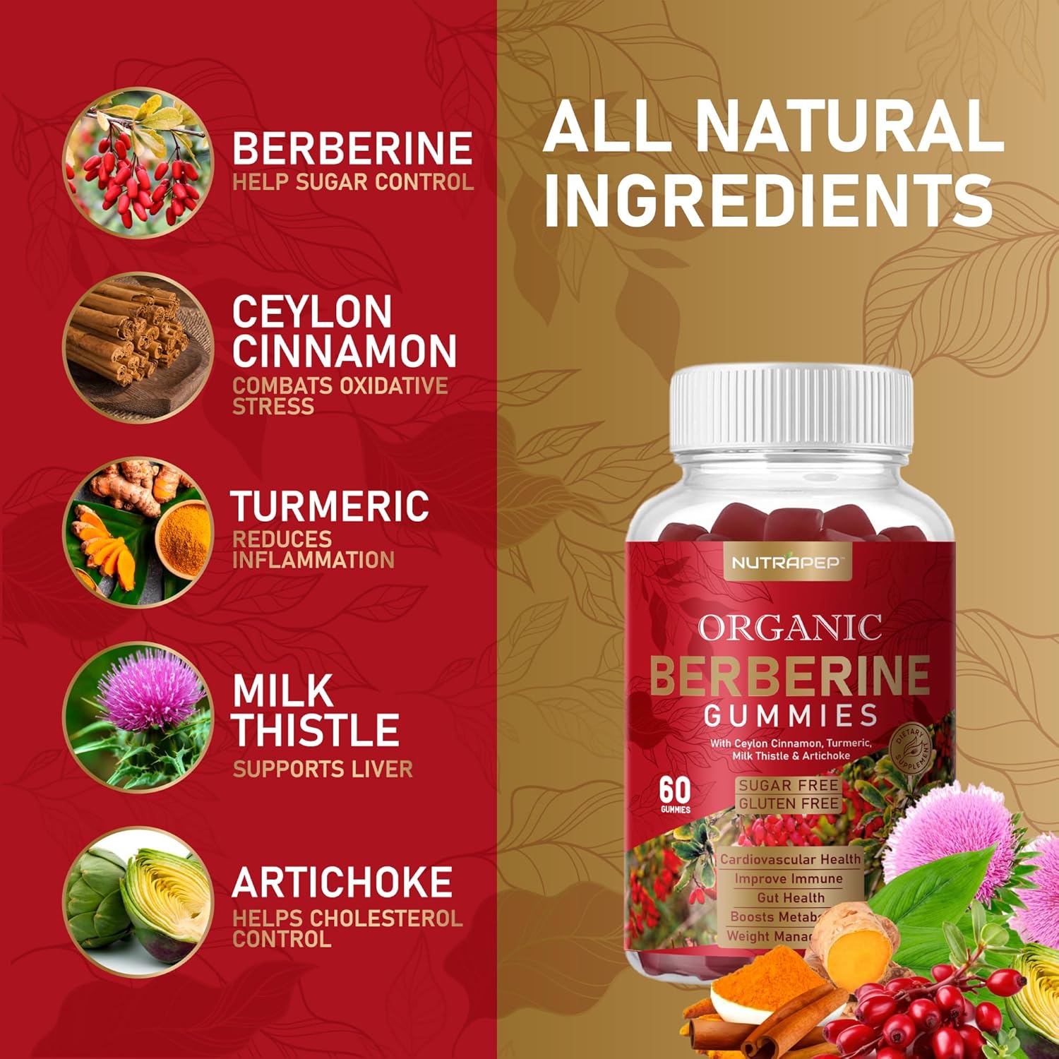 High Potency Berberine HCl Weight Loss Gummies with Ceylon Cinnamon, Turmeric, Milk Thistle, Artichoke - 1200mg - Sugar Free, Gluten Free Supplement