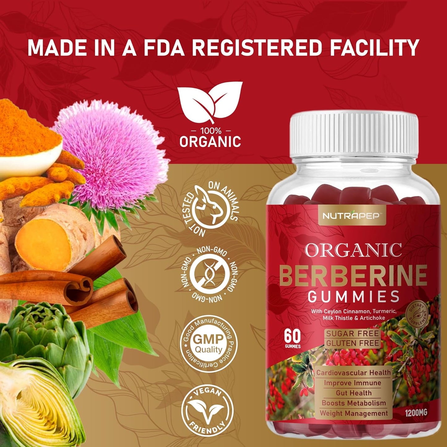 High Potency Berberine HCl Weight Loss Gummies with Ceylon Cinnamon, Turmeric, Milk Thistle, Artichoke - 1200mg - Sugar Free, Gluten Free Supplement