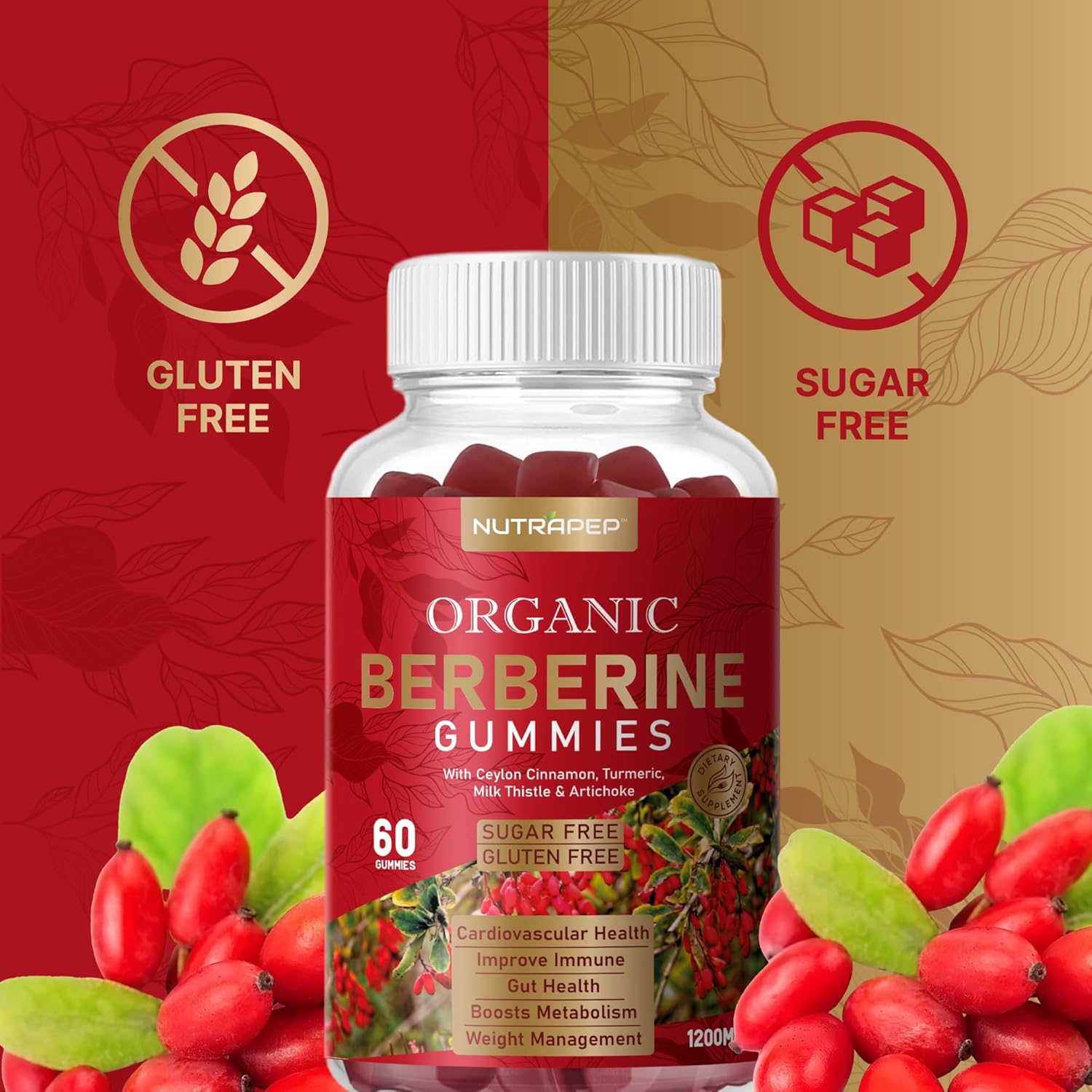 High Potency Berberine HCl Weight Loss Gummies with Ceylon Cinnamon, Turmeric, Milk Thistle, Artichoke - 1200mg - Sugar Free, Gluten Free Supplement