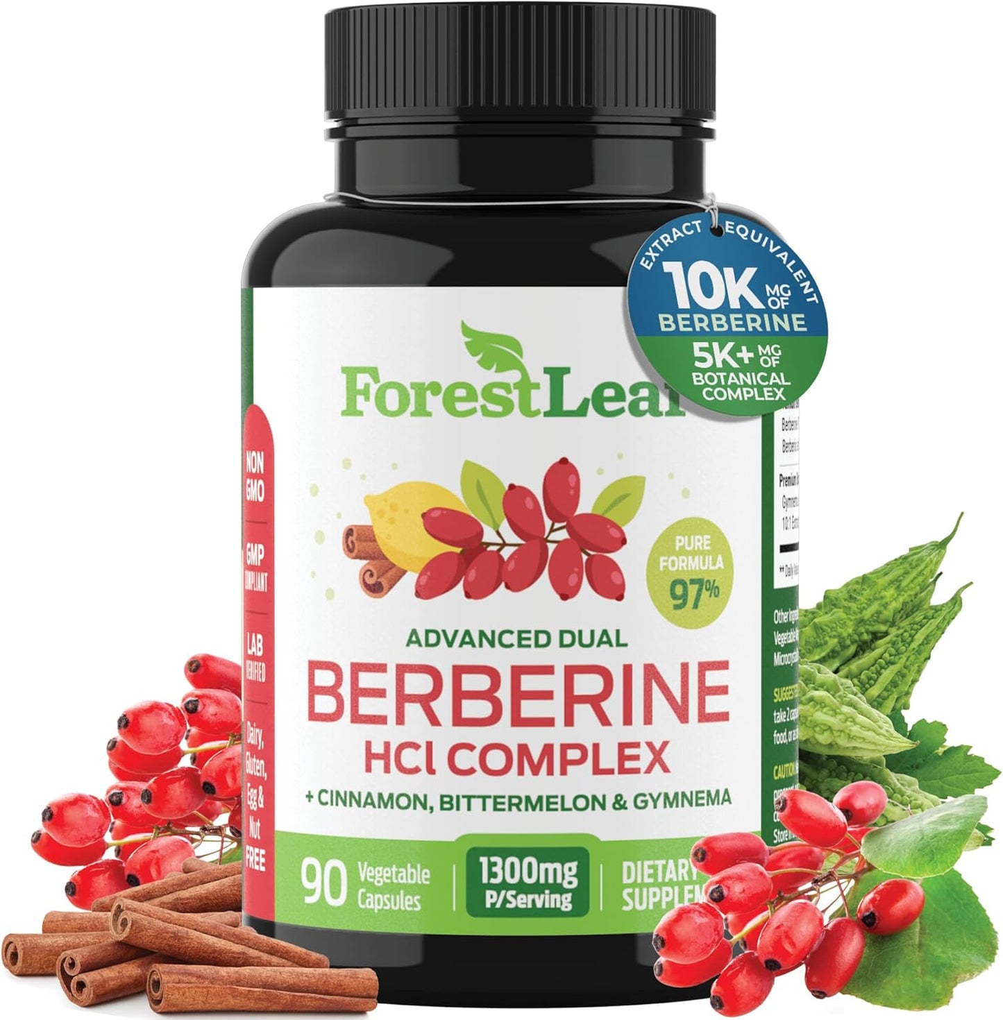High Potency Berberine Supplement with Ceylon Cinnamon for Weight Management - 1300mg per Serving, 90 Veggie Caps - ForestLeaf Berberine HCl Formula