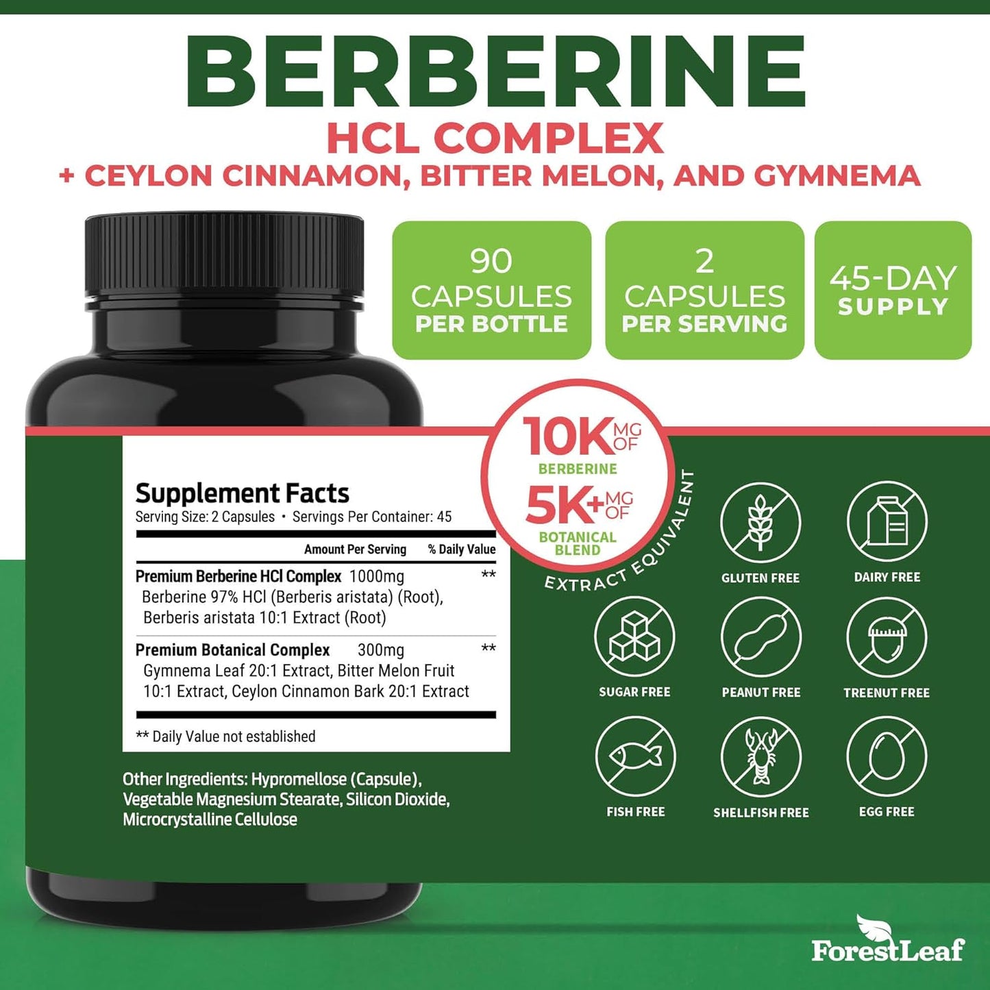 High Potency Berberine Supplement with Ceylon Cinnamon for Weight Management - 1300mg per Serving, 90 Veggie Caps - ForestLeaf Berberine HCl Formula