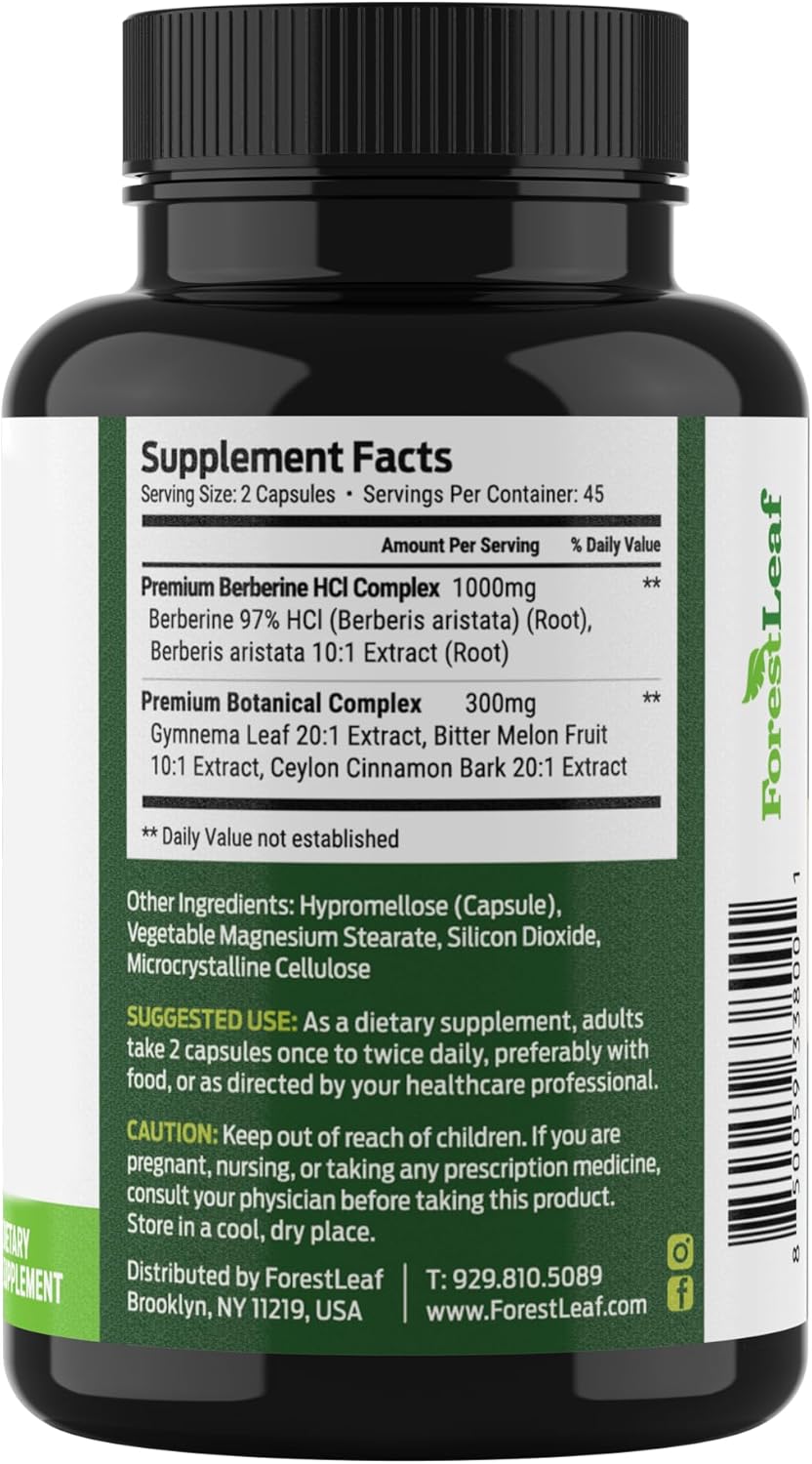 High Potency Berberine Supplement with Ceylon Cinnamon for Weight Management - 1300mg per Serving, 90 Veggie Caps - ForestLeaf Berberine HCl Formula