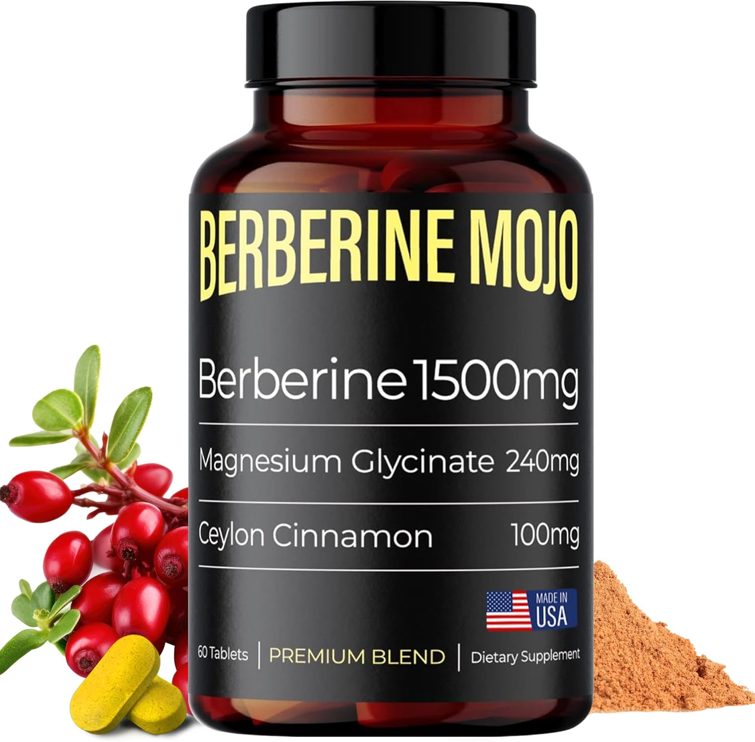 High Potency Berberine Supplement with Magnesium Glycinate & Ceylon Cinnamon for Weight Management & Gut Health - 60 Tablets, Made in USA