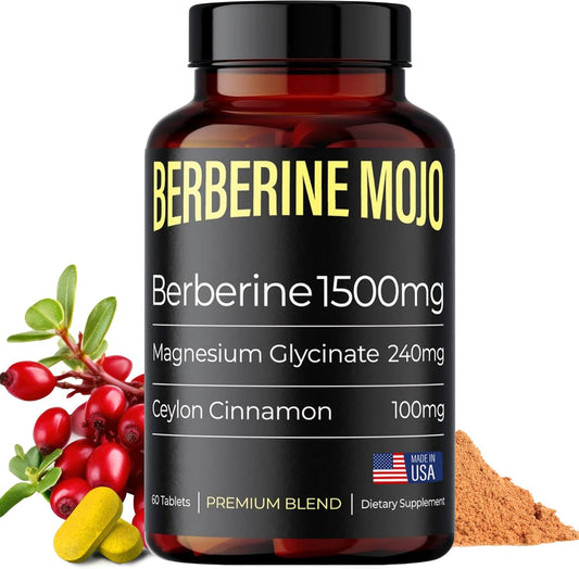 High Potency Berberine Supplement with Magnesium Glycinate & Ceylon Cinnamon for Weight Management & Gut Health - 60 Tablets, Made in USA