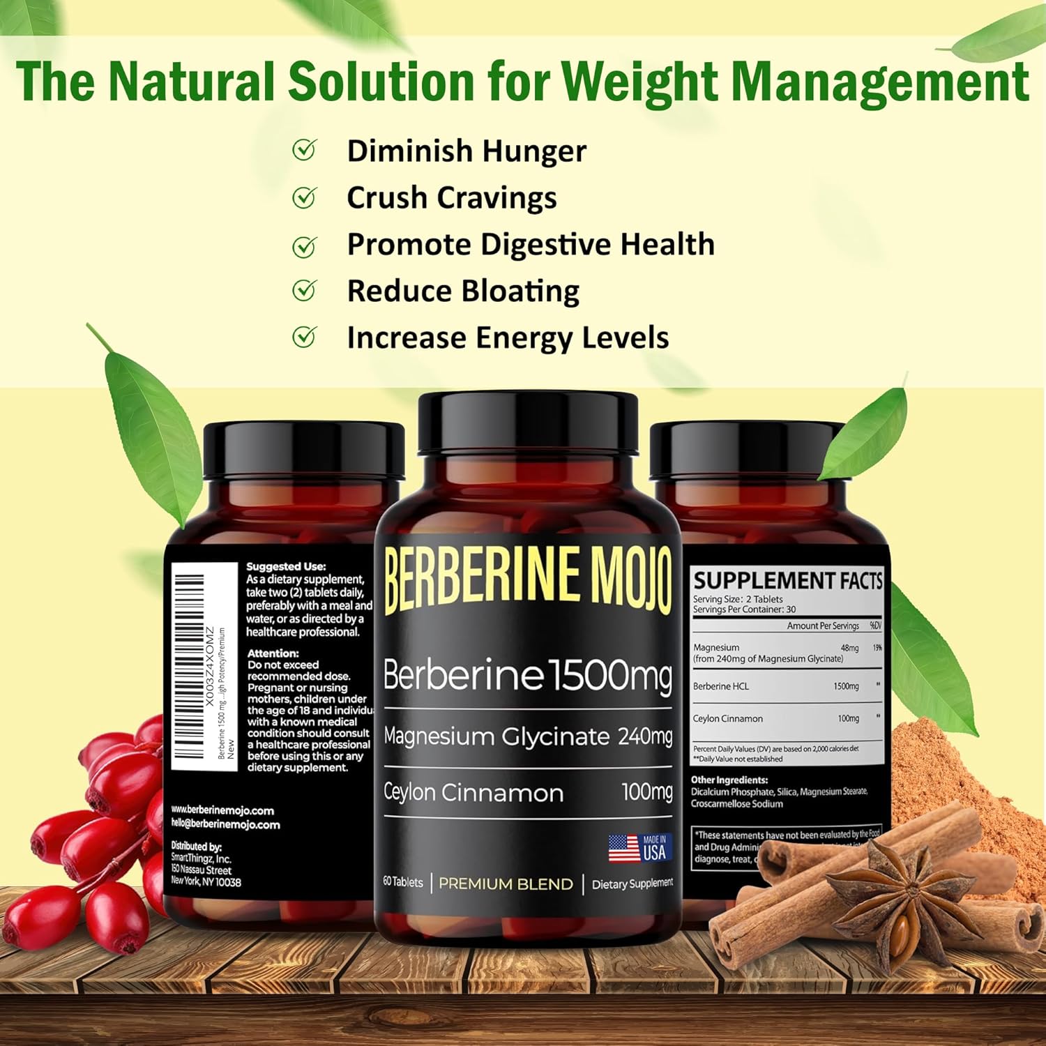 High Potency Berberine Supplement with Magnesium Glycinate & Ceylon Cinnamon for Weight Management & Gut Health - 60 Tablets, Made in USA