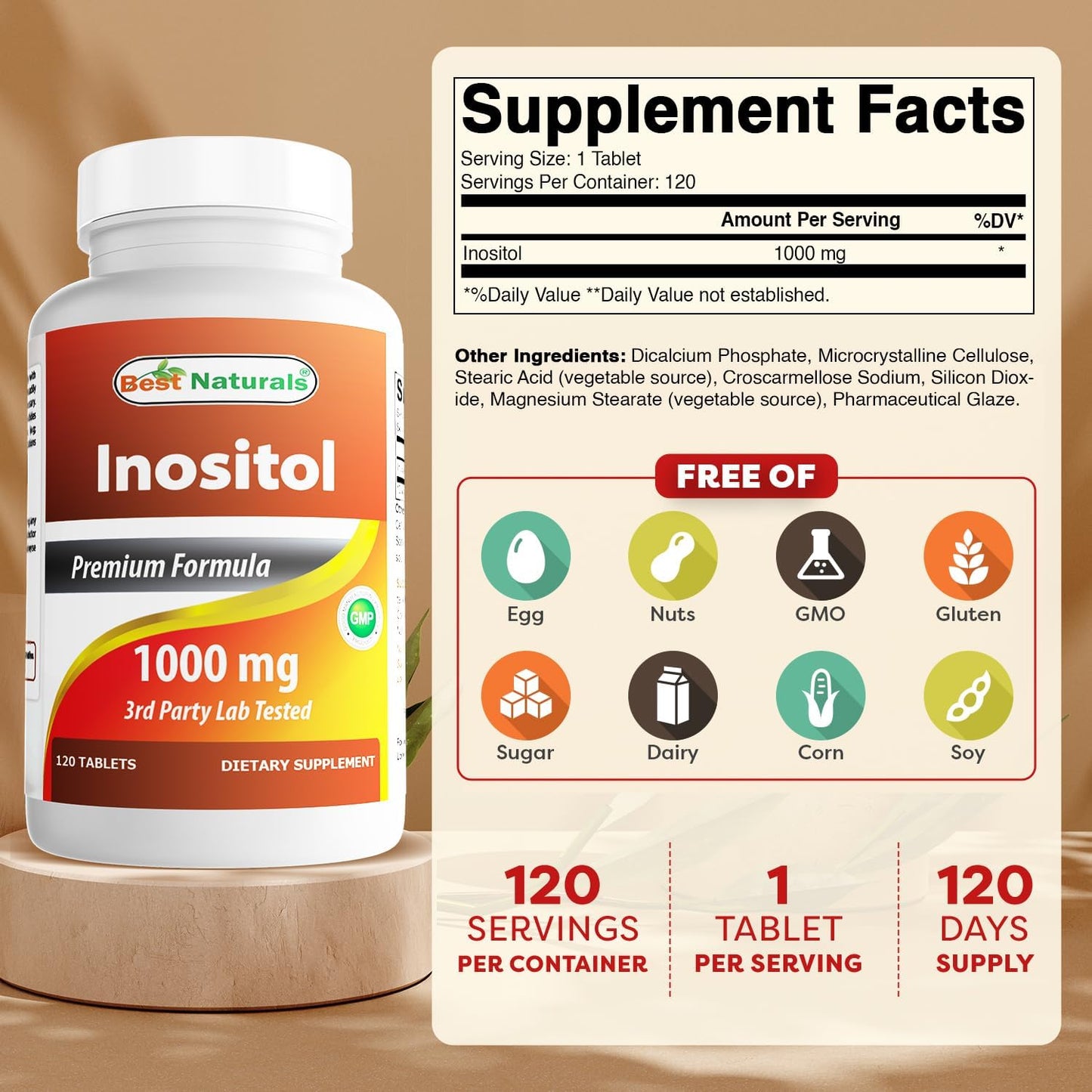 High Potency Best Naturals Inositol 1000 mg Tablets - 120 Count Pack of 1 & 3 - Promotes Mood Balance and Hormonal Health