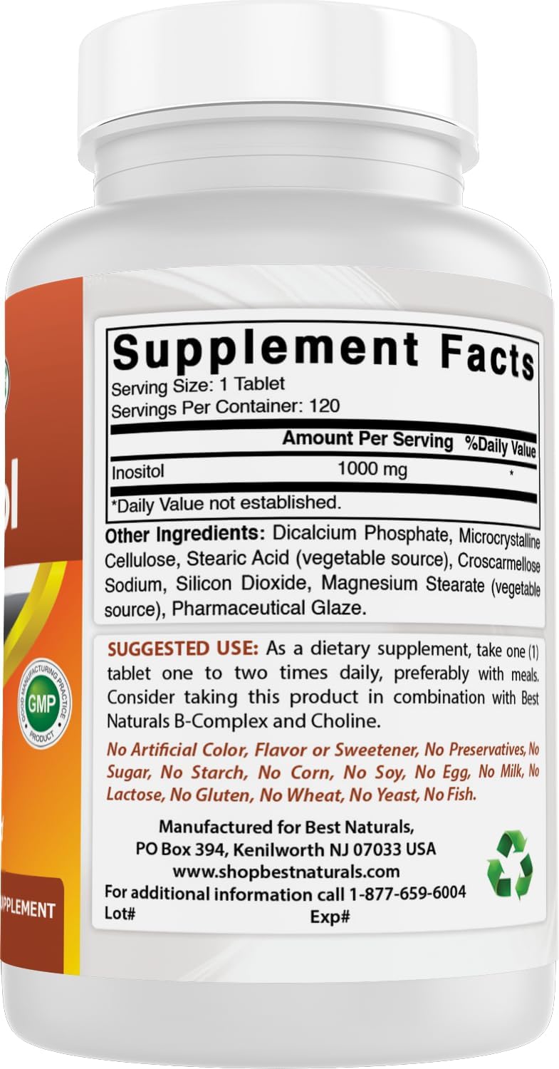 High Potency Best Naturals Inositol 1000 mg Tablets - 120 Count Pack of 1 & 3 - Promotes Mood Balance and Hormonal Health