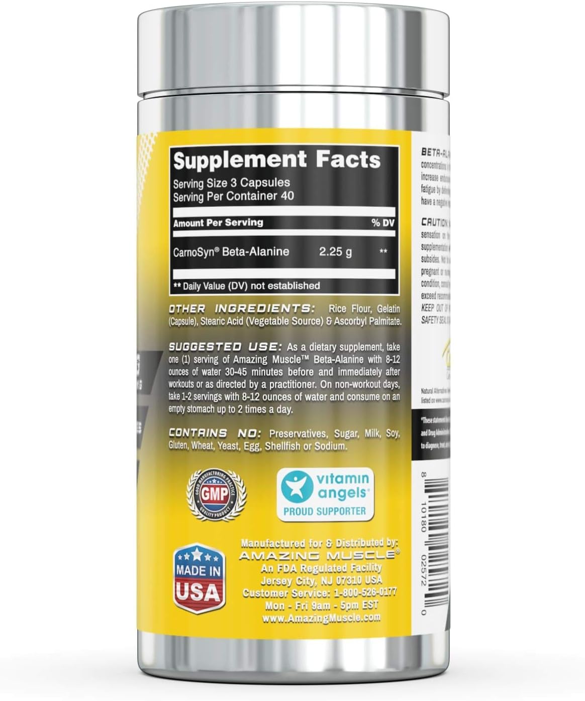 High Potency Beta Alanine Amino Acid Capsules - 2250mg Per Serving - Pre & Post Workout Supplement - Unflavored - 120 Count