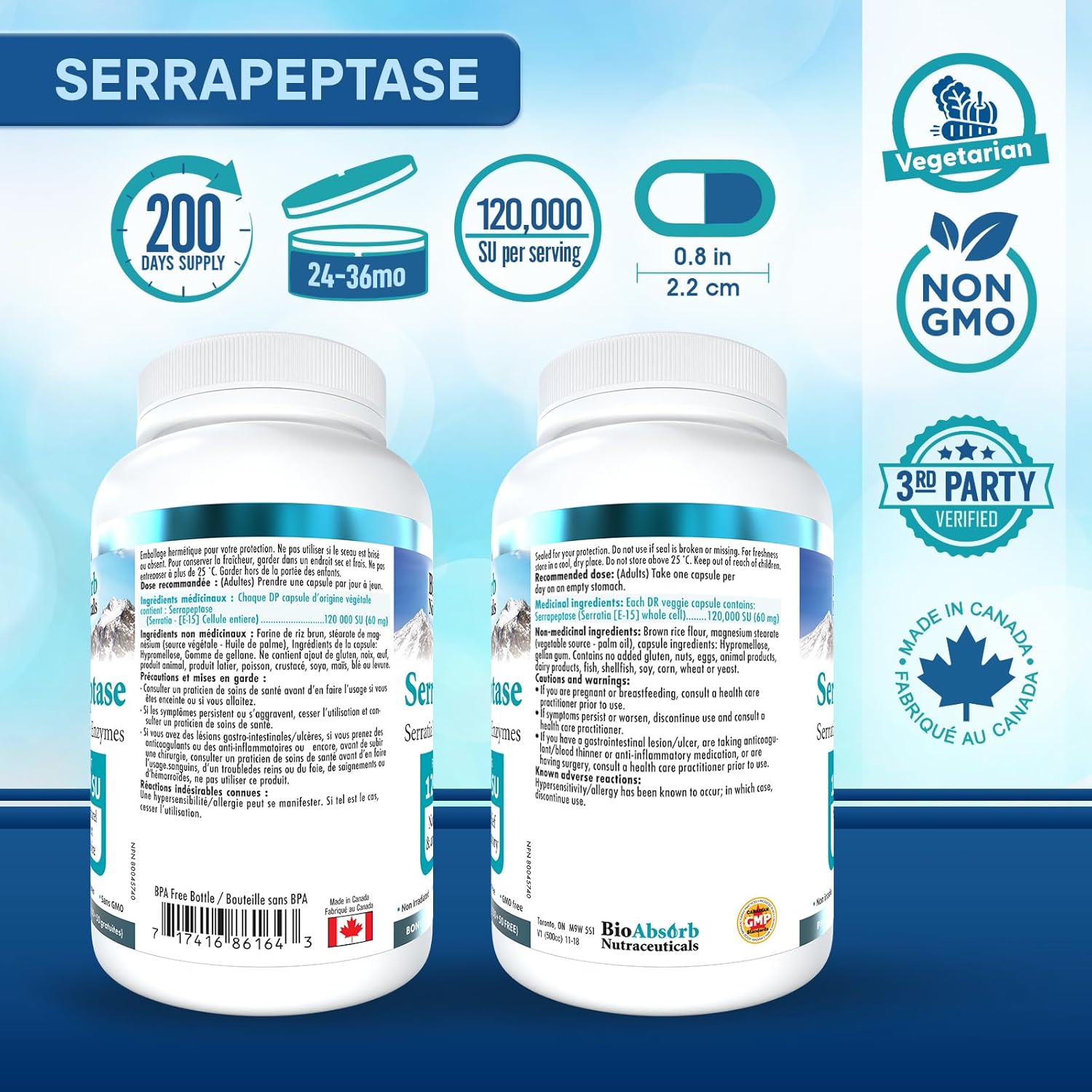 High Potency Bio Absorb Serrapeptase Enzyme - 120,000 SPU, 200-Day Supply - Vegetarian Capsules for Maximum Absorption
