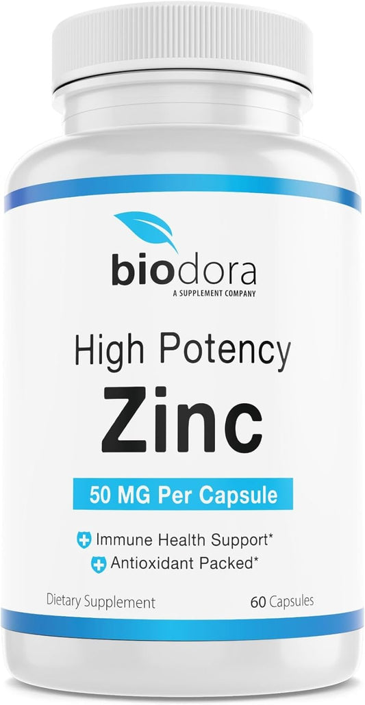 High Potency Biodora Zinc Supplement for Skin, Immune Support & Antioxidant - Vegan, 50mg Per Serving, 60 Capsules