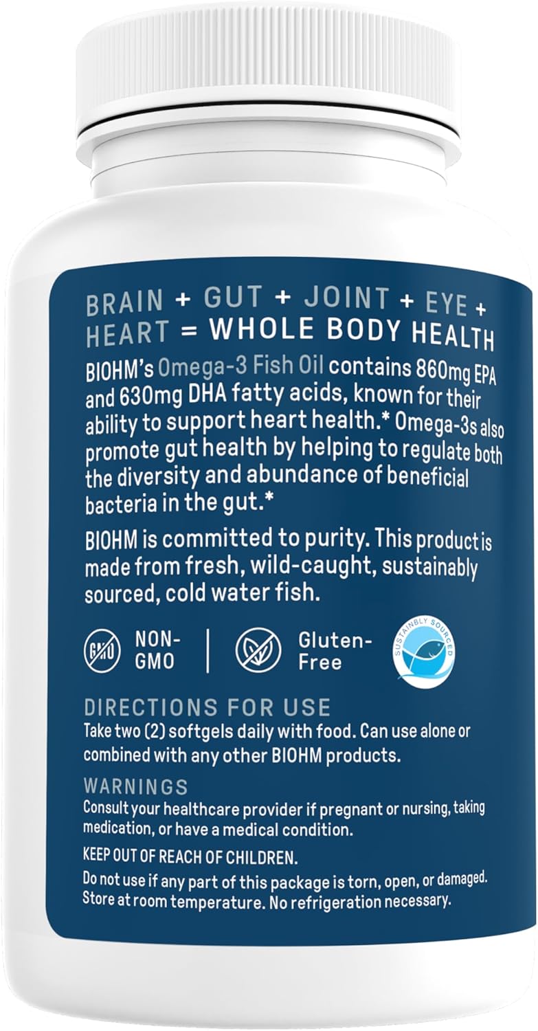 High Potency BIOHM Omega-3 Fish Oil Supplement for Heart, Brain, Gut & Joint Health - 60 Softgels, 2500mg Omega 3 Fatty Acids with EPA & DHA - Sustainably Sourced Omega 3 Supplements for Eye & Liver Health