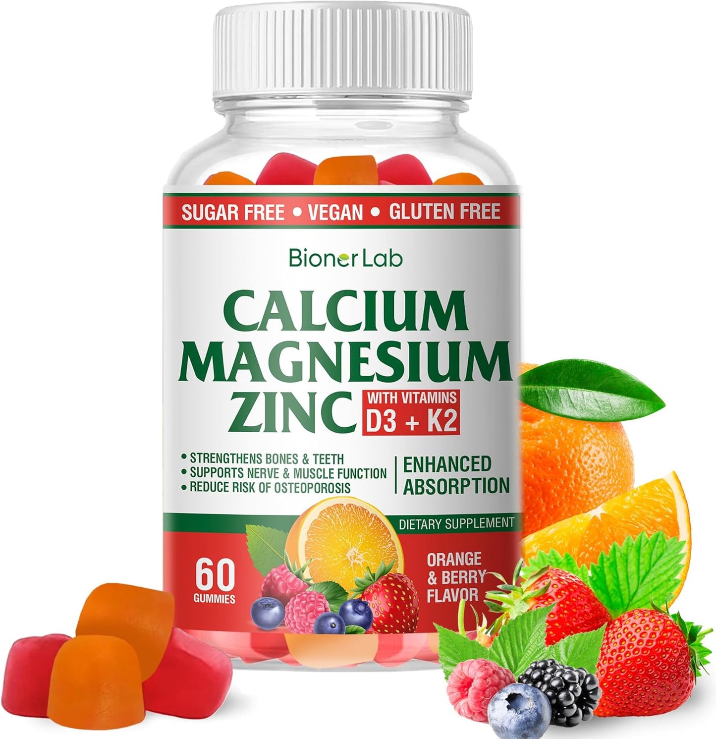 High Potency BionerLab Calcium Magnesium Zinc Gummies with Vitamin D3 & K2 for Enhanced Absorption - Orange and Berry Flavor