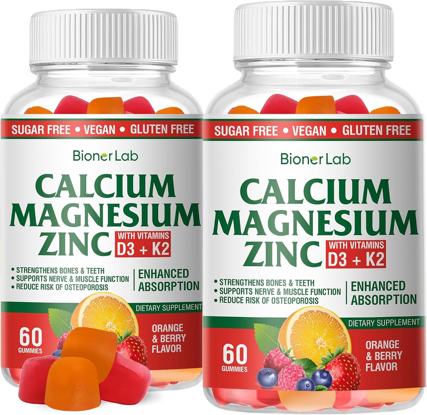 High Potency BionerLab Calcium Magnesium Zinc Gummies with Vitamin D3 & K2 for Enhanced Absorption - Orange and Berry Flavor