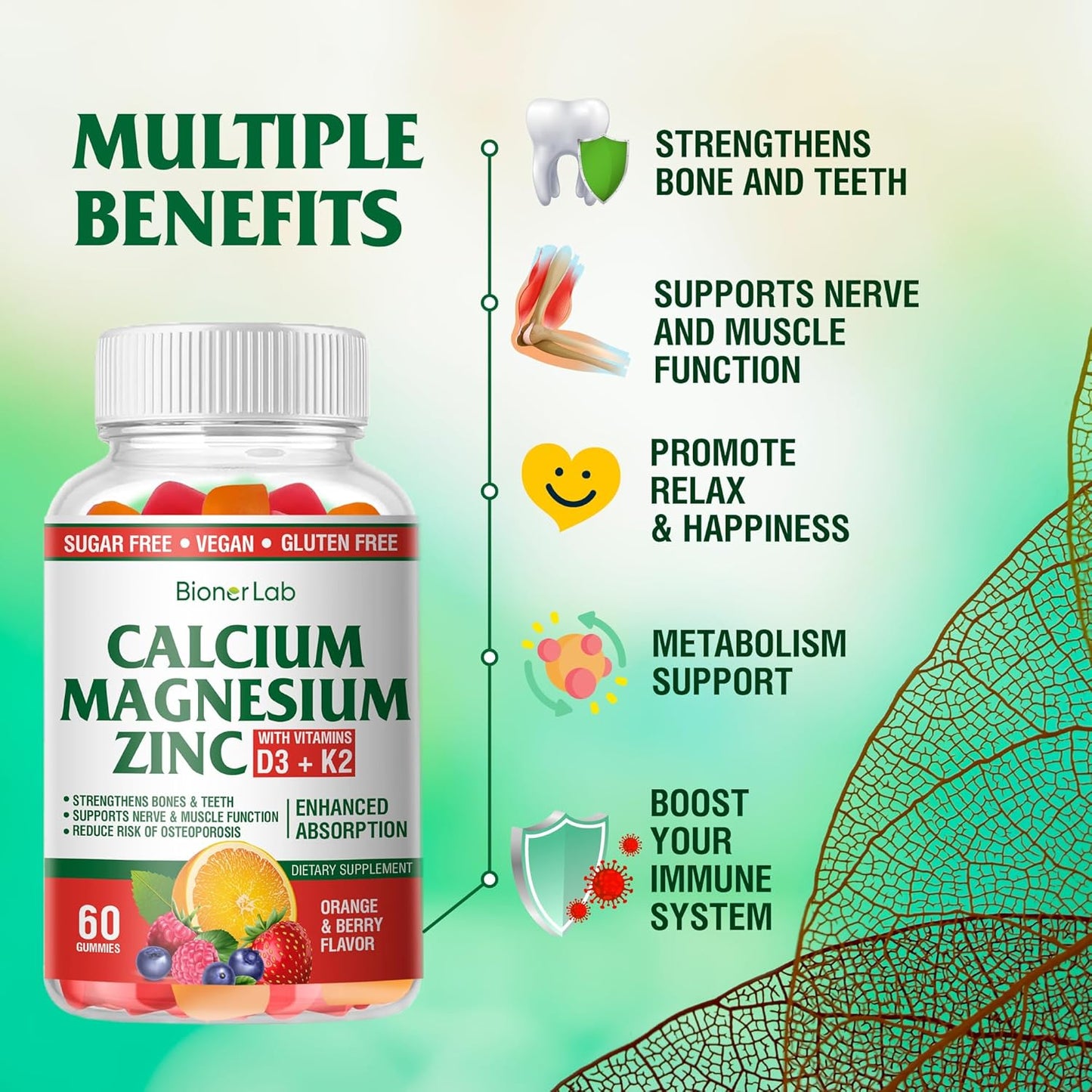 High Potency BionerLab Calcium Magnesium Zinc Gummies with Vitamin D3 & K2 for Enhanced Absorption - Orange and Berry Flavor