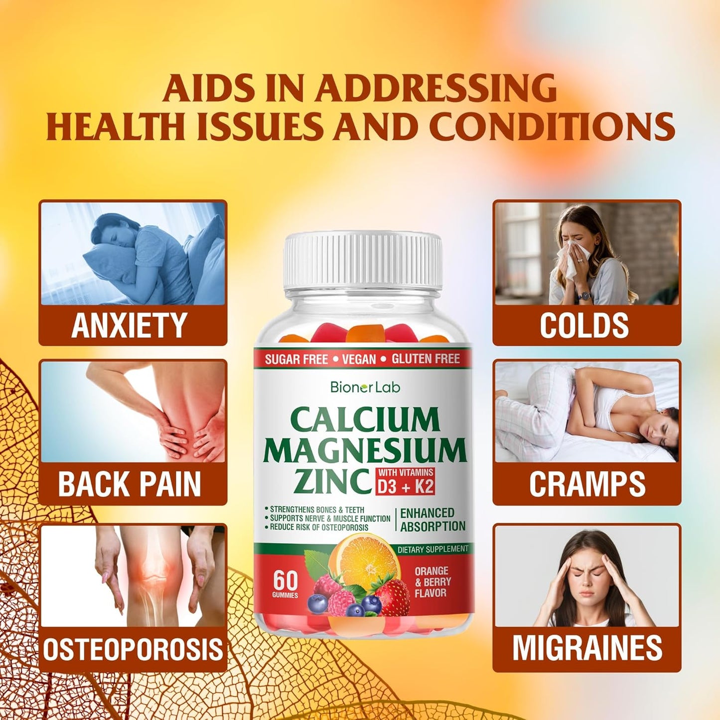 High Potency BionerLab Calcium Magnesium Zinc Gummies with Vitamin D3 & K2 for Enhanced Absorption - Orange and Berry Flavor
