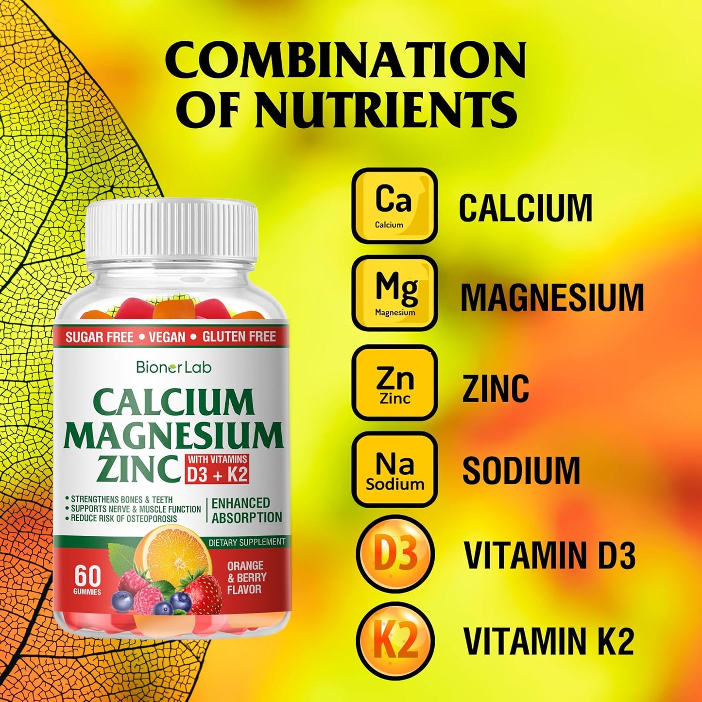 High Potency BionerLab Calcium Magnesium Zinc Gummies with Vitamin D3 & K2 for Enhanced Absorption - Orange and Berry Flavor