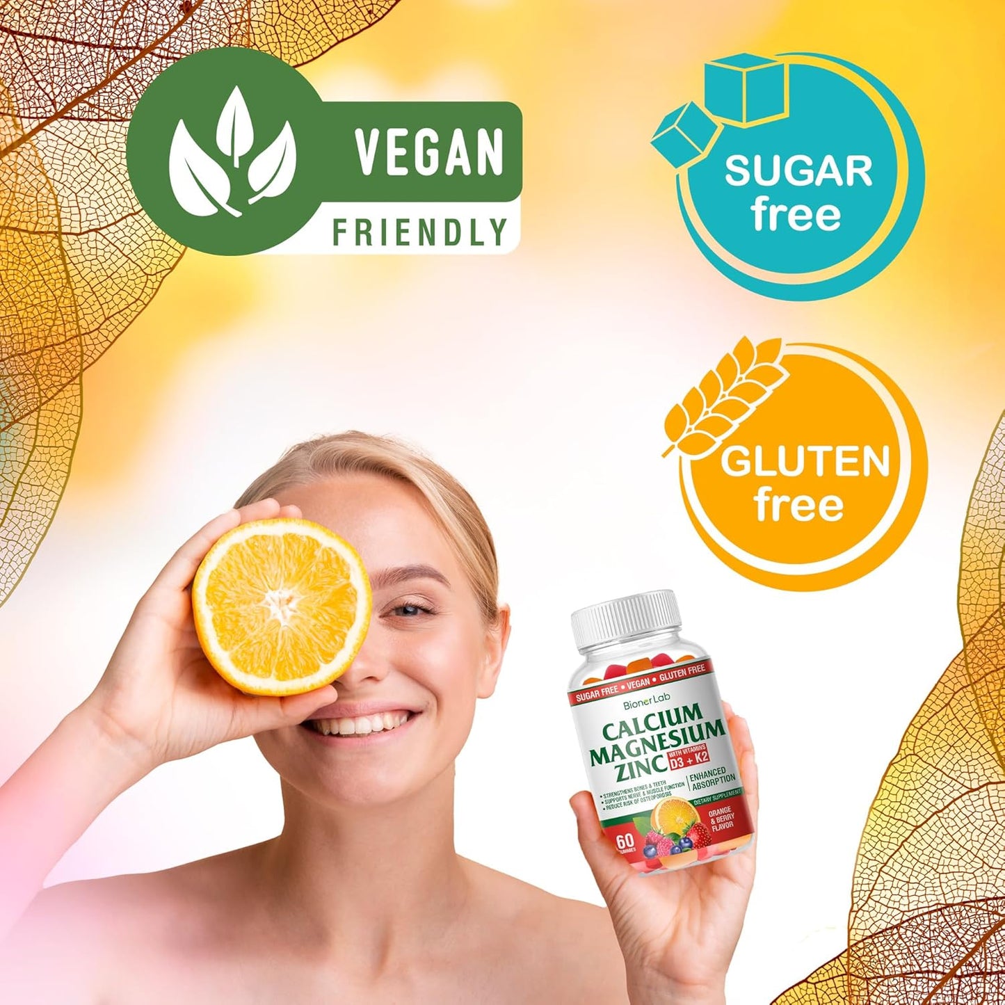High Potency BionerLab Calcium Magnesium Zinc Gummies with Vitamin D3 & K2 for Enhanced Absorption - Orange and Berry Flavor
