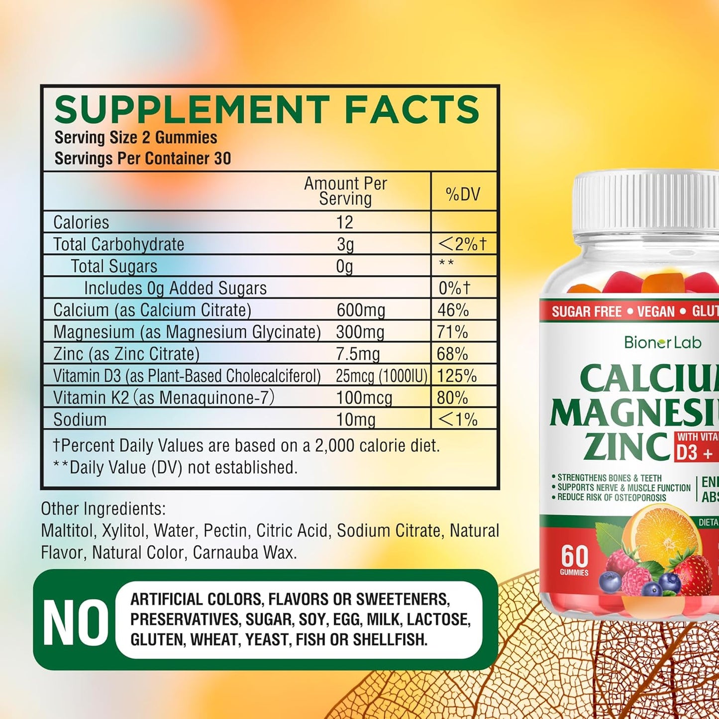 High Potency BionerLab Calcium Magnesium Zinc Gummies with Vitamin D3 & K2 for Enhanced Absorption - Orange and Berry Flavor