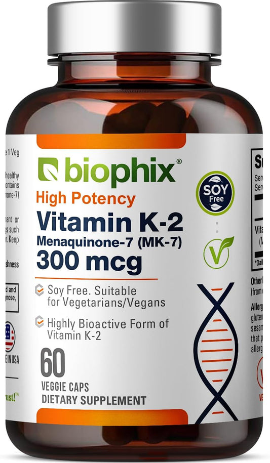 High-Potency Biophix Vitamin K2 MK-7 300mcg Capsules - Vegan Supplement for Bone Strength and Immune Health