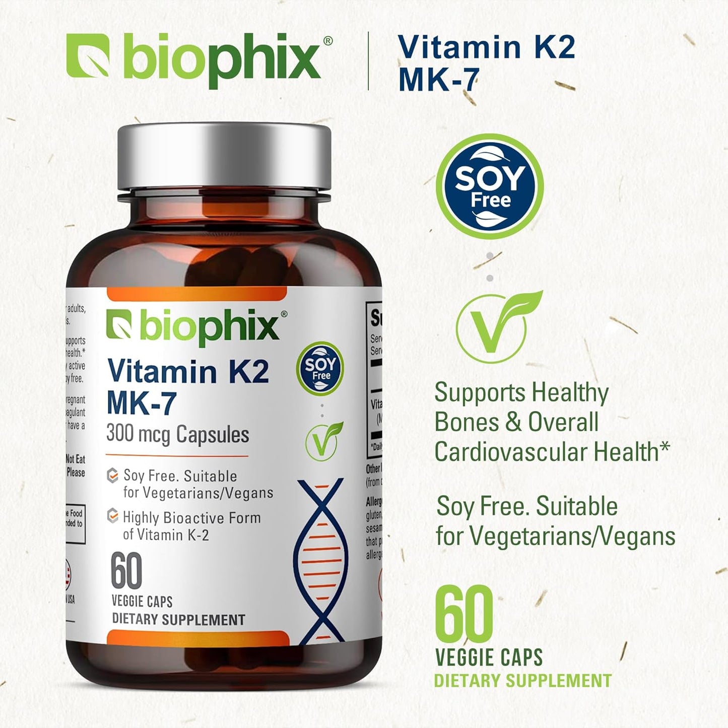 High-Potency Biophix Vitamin K2 MK-7 300mcg Capsules - Vegan Supplement for Bone Strength and Immune Health