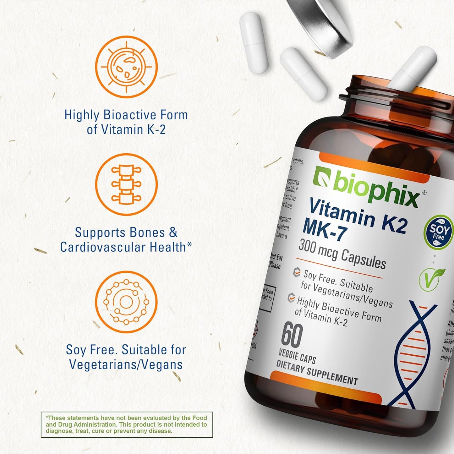 High-Potency Biophix Vitamin K2 MK-7 300mcg Capsules - Vegan Supplement for Bone Strength and Immune Health