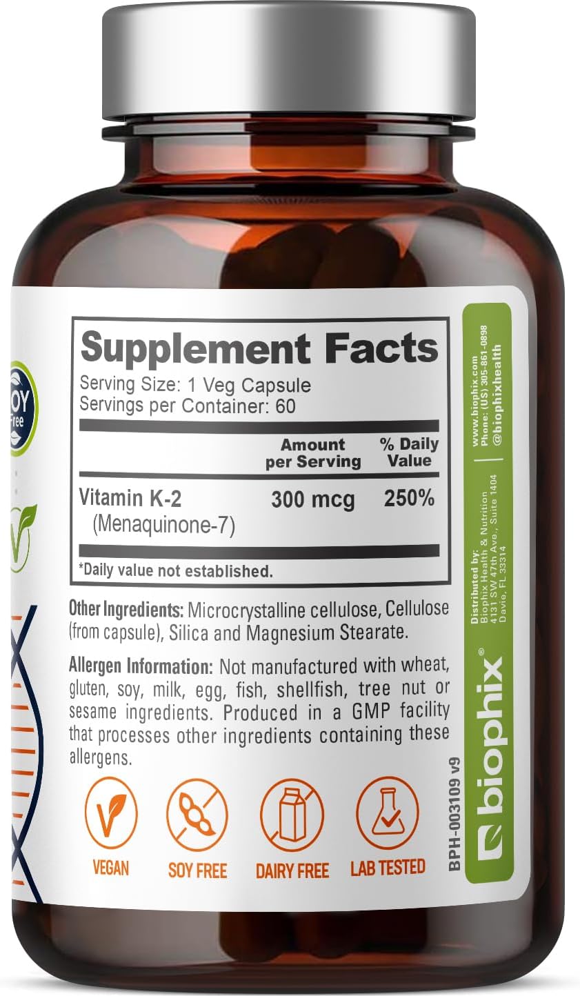 High-Potency Biophix Vitamin K2 MK-7 300mcg Capsules - Vegan Supplement for Bone Strength and Immune Health
