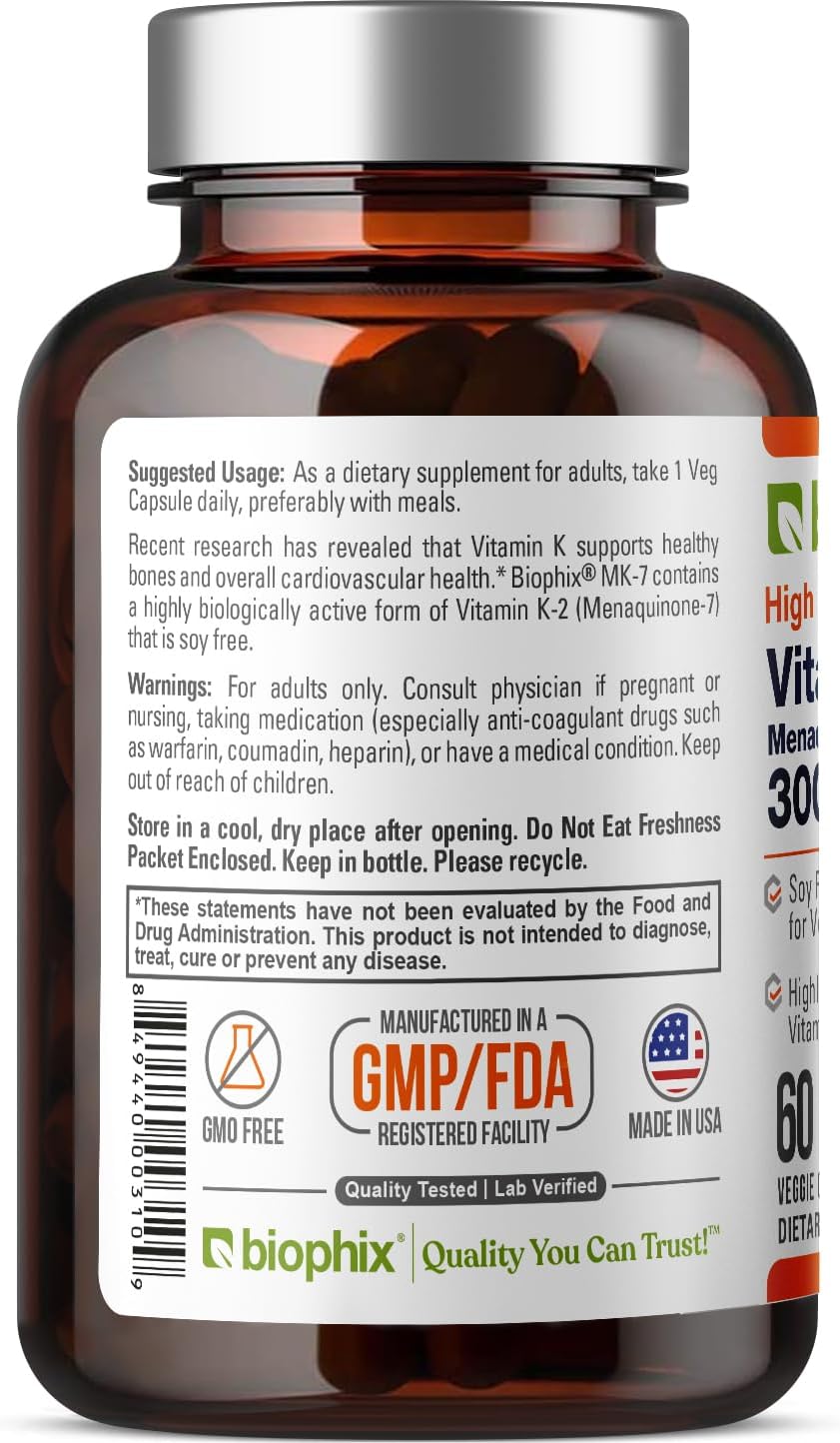 High-Potency Biophix Vitamin K2 MK-7 300mcg Capsules - Vegan Supplement for Bone Strength and Immune Health