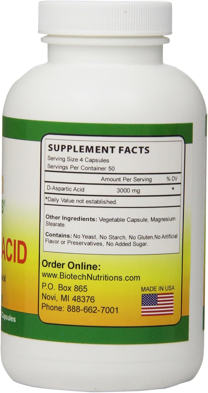 High Potency Biotech D-Aspartic Acid Supplement, 3000 mg, 200 Count x 2 - Muscle & Strength Support