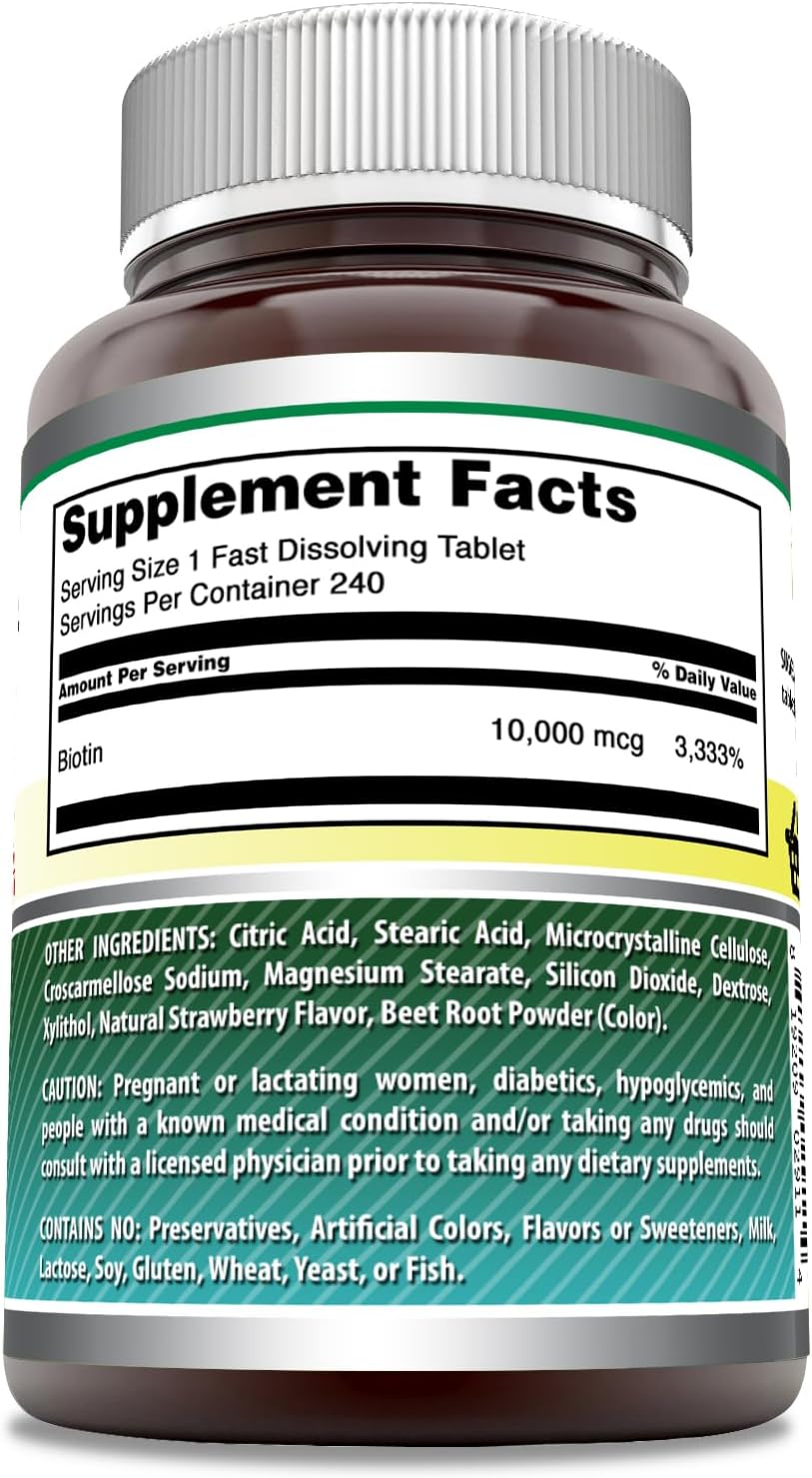 High Potency Biotin 10,000 mcg Fast Dissolve Tablets - Non-GMO, Gluten Free, Made in USA - Strawberry Flavor - 240 Count