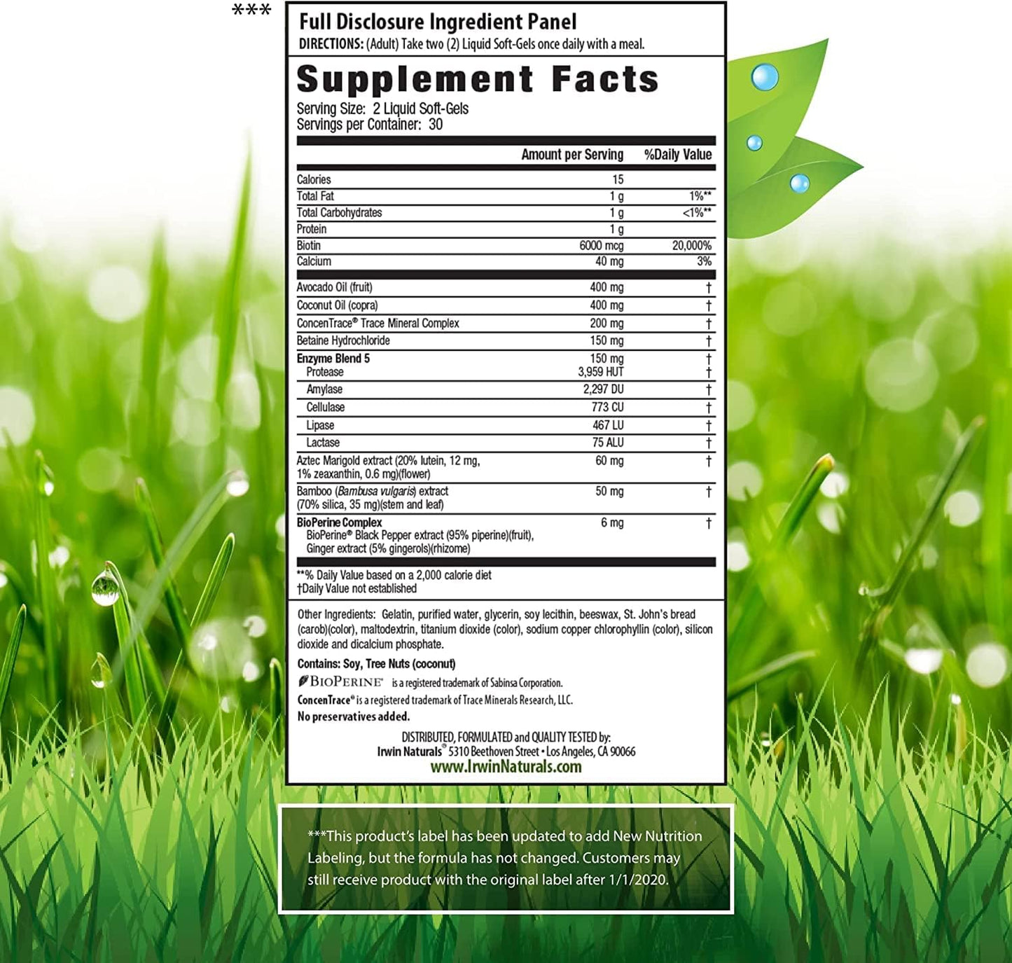 High Potency Biotin-6000 Supplement for Healthy Skin, Hair & Nails - Bamboo, Avocado, Coconut - 60 Liquid Softgels