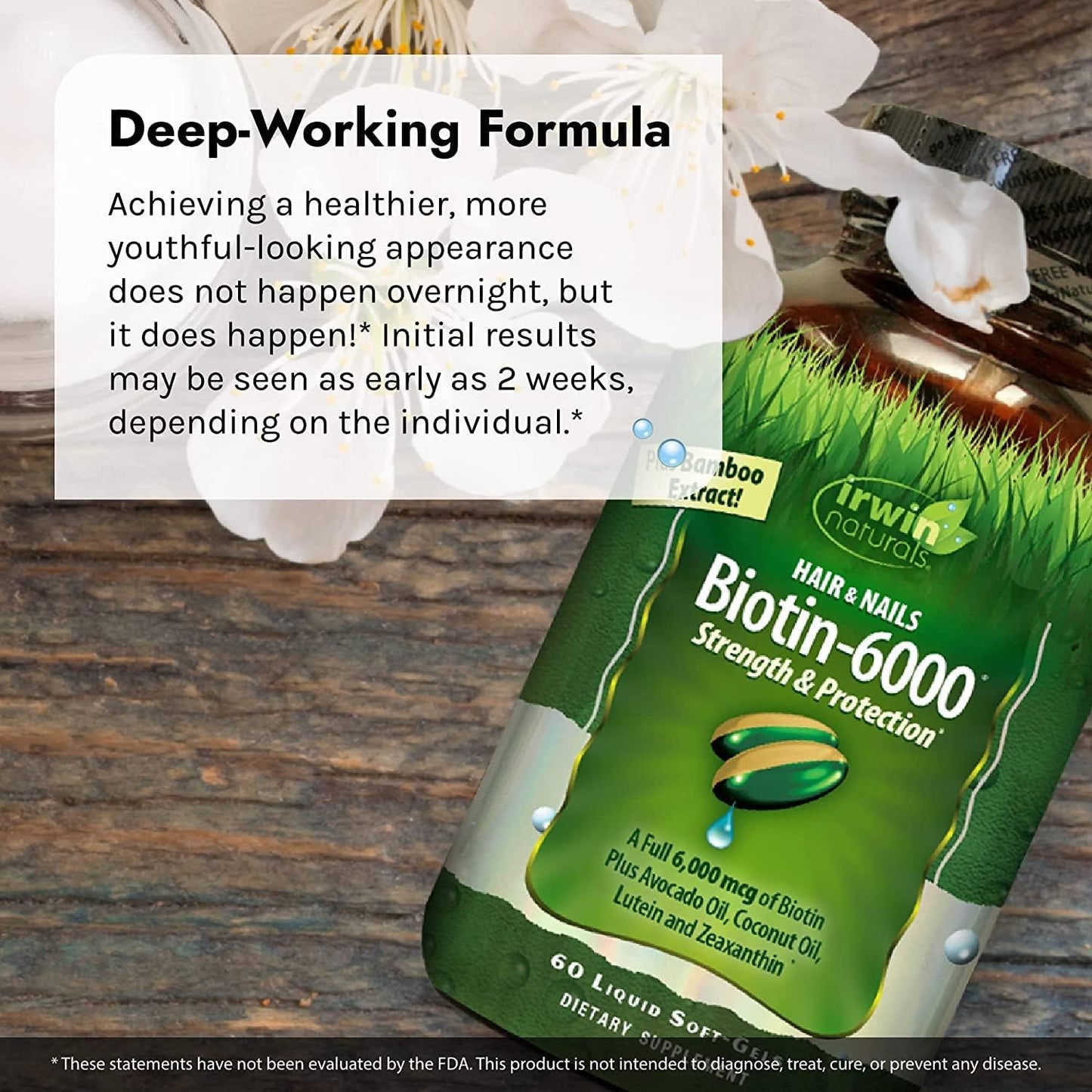 High Potency Biotin-6000 Supplement for Healthy Skin, Hair & Nails - Bamboo, Avocado, Coconut - 60 Liquid Softgels