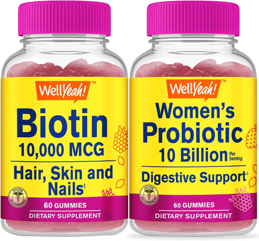 High Potency Biotin + Probiotics Women Gummies Bundle - 10B CFU, Vitamin Supplement, Gluten & GMO Free