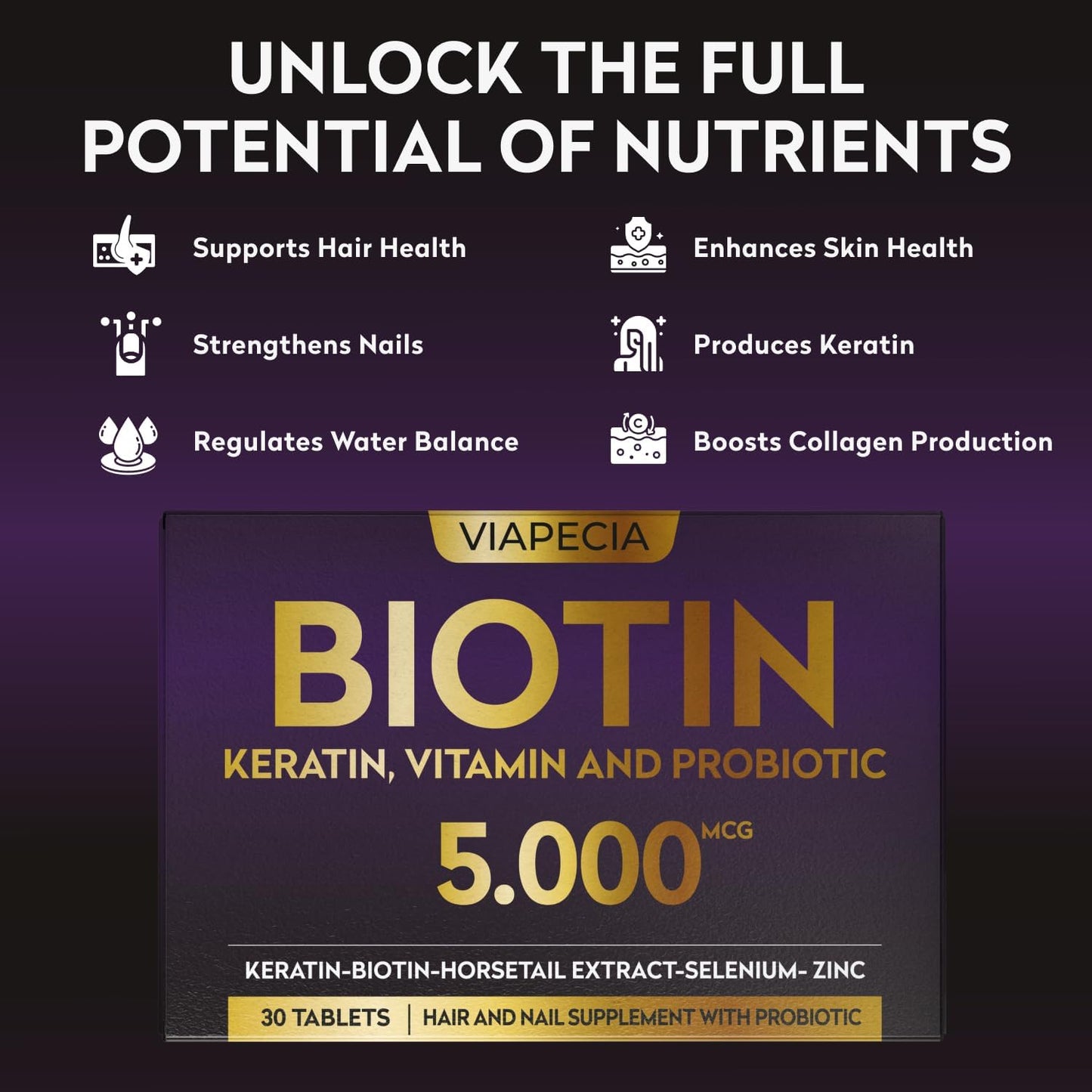 High Potency Biotin Supplement for Hair Growth - Supports Keratin Production and Tissue Regeneration - 30 Capsules