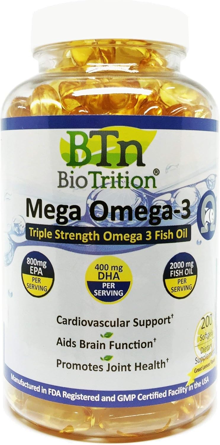 High Potency BioTrition Mega Omega 3 Fish Oil Supplement with EPA & DHA - Burpless & Odorless Formula for Heart Health