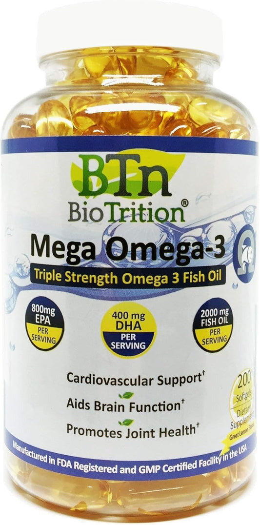 High Potency BioTrition Mega Omega 3 Fish Oil Supplement with EPA & DHA - Burpless & Odorless Formula for Heart Health
