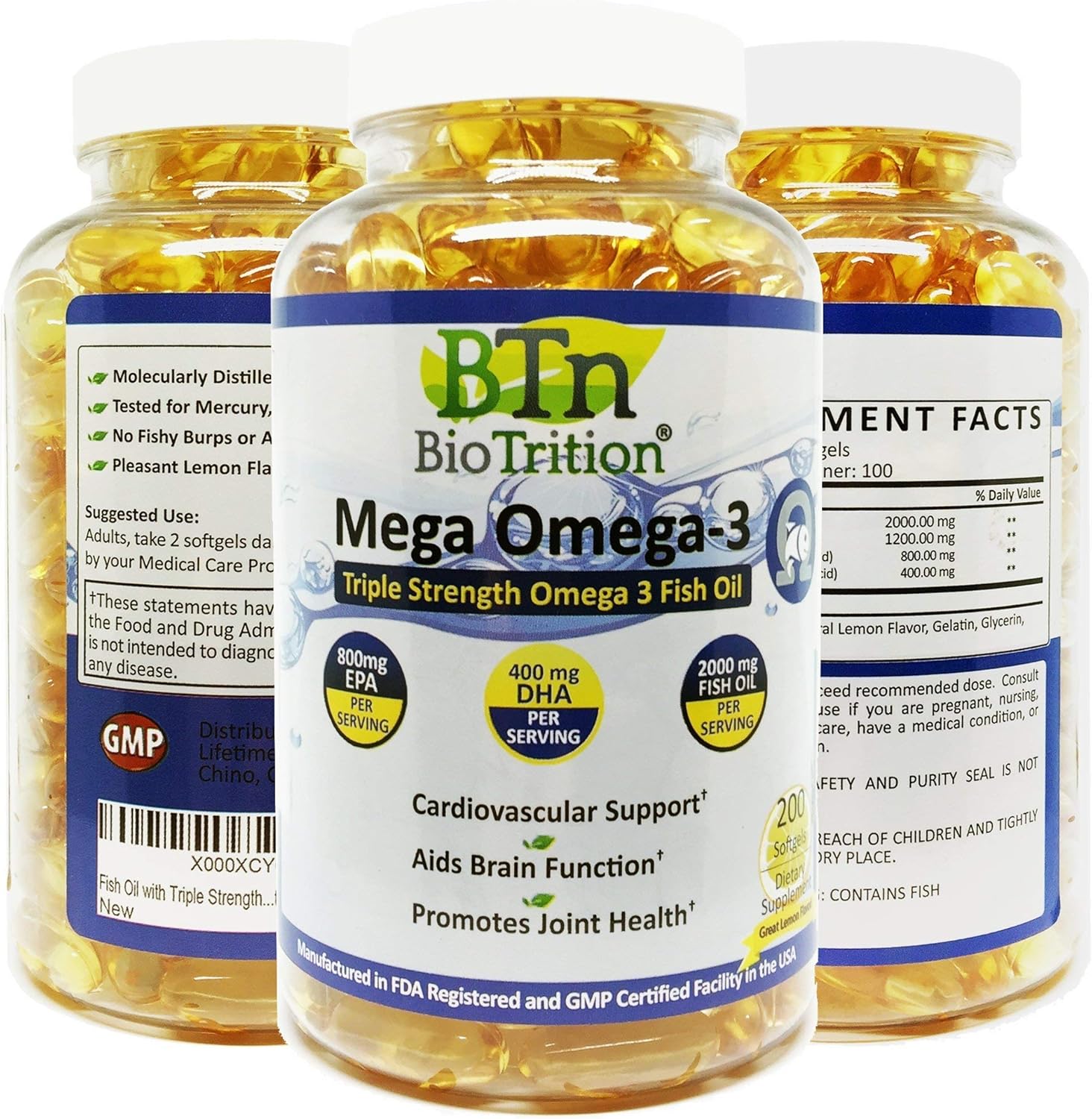 High Potency BioTrition Mega Omega 3 Fish Oil Supplement with EPA & DHA - Burpless & Odorless Formula for Heart Health