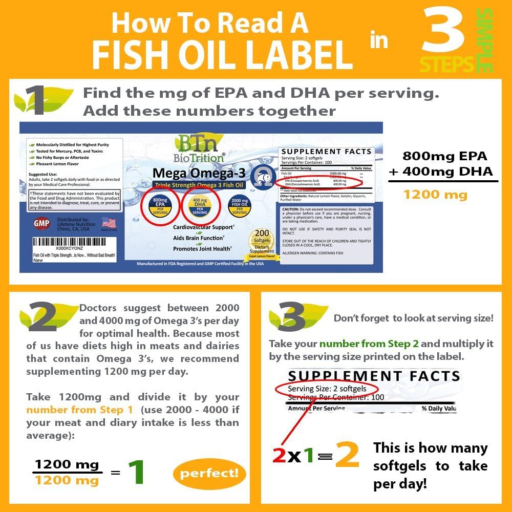 High Potency BioTrition Mega Omega 3 Fish Oil Supplement with EPA & DHA - Burpless & Odorless Formula for Heart Health