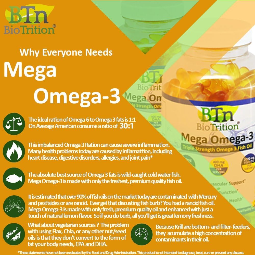 High Potency BioTrition Mega Omega 3 Fish Oil Supplement with EPA & DHA - Burpless & Odorless Formula for Heart Health