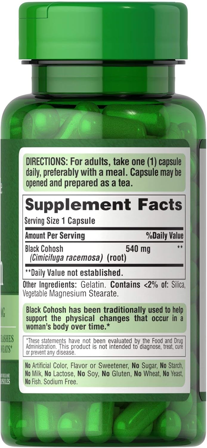 High Potency Black Cohosh 540 mg Supplement by Puritan's Pride for Menopause Relief - 100 Capsules