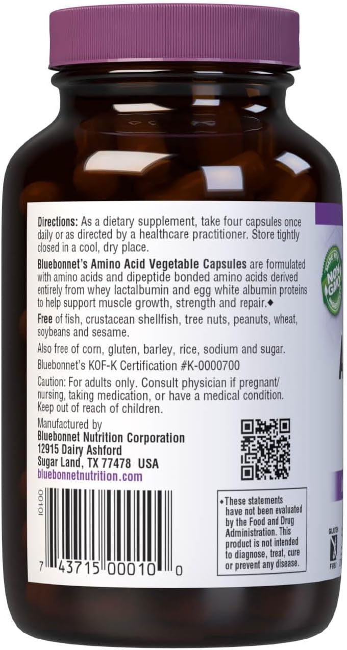 High Potency Bluebonnet Nutrition Amino Acid Supplement for Muscle Health - 750mg, Soy-Free, Gluten-Free, Non-GMO - 60 Capsules