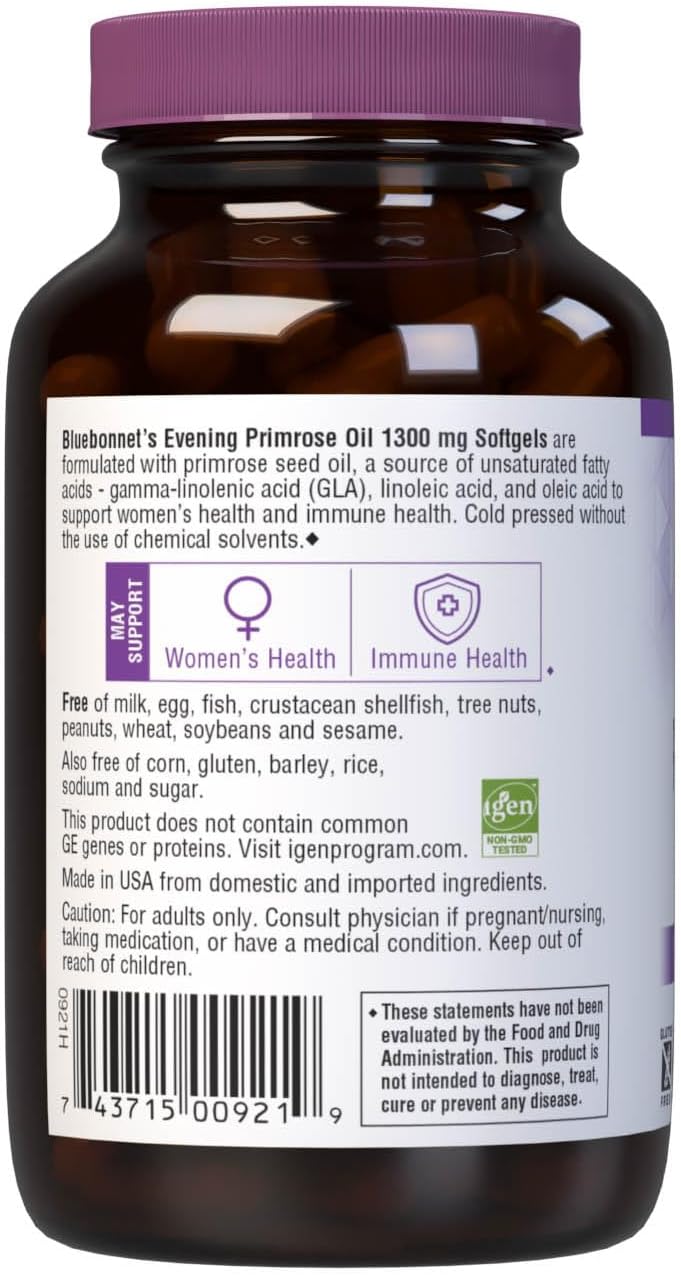High Potency Bluebonnet Nutrition Evening Primrose Oil Supplement - 1300 mg Omega-6 Fatty Acids, Non-GMO & Gluten-Free