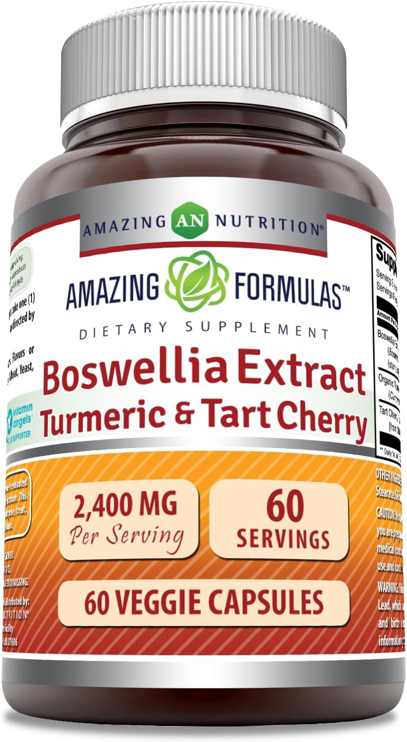 High Potency Boswellia Extract Turmeric and Tart Cherry Supplement - 2400mg - 60 Veggie Capsules - Non-GMO - Gluten Free - USA Made