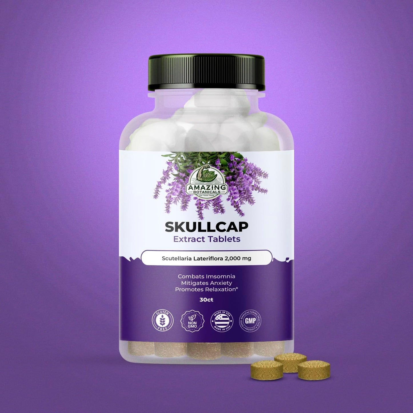 High Potency Botanical Skullcap 10X Extract Tablets 2,000 mg - Herbal Relaxation & Wellness Supplement - 30 Tablets