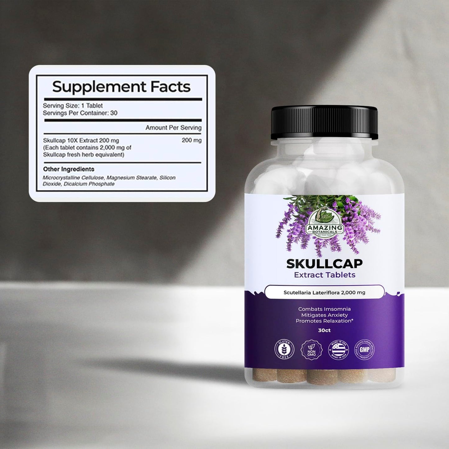 High Potency Botanical Skullcap 10X Extract Tablets 2,000 mg - Herbal Relaxation & Wellness Supplement - 30 Tablets