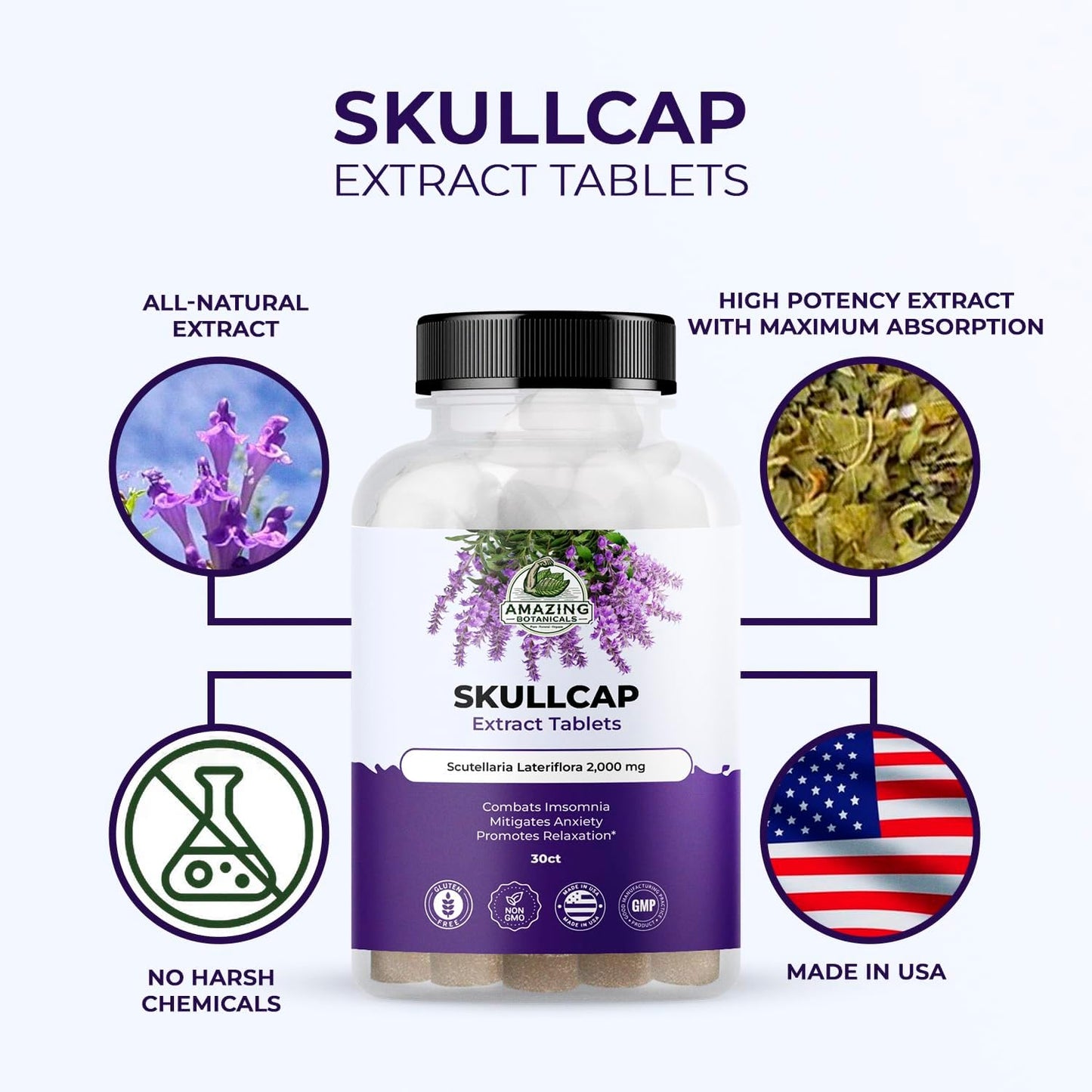 High Potency Botanical Skullcap 10X Extract Tablets 2,000 mg - Herbal Relaxation & Wellness Supplement - 30 Tablets