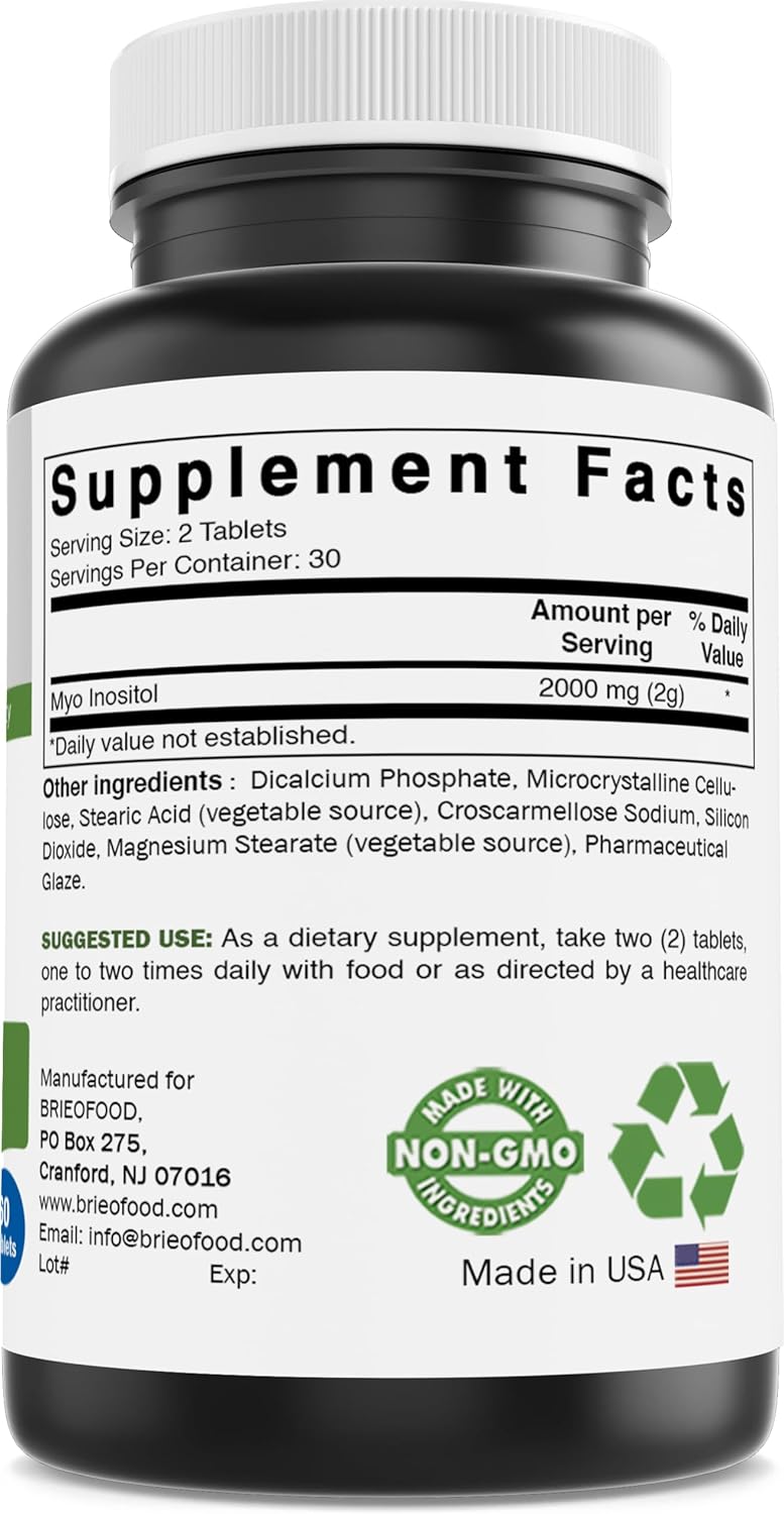 High Potency Brieofood Myo Inositol Tablets - 2000mg - 60 Count - Certified Lab Tested