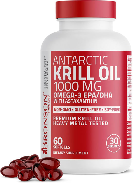 High Potency Bronson Antarctic Krill Oil Softgels with Omega-3s, Astaxanthin, and Phospholipids - 60 Count
